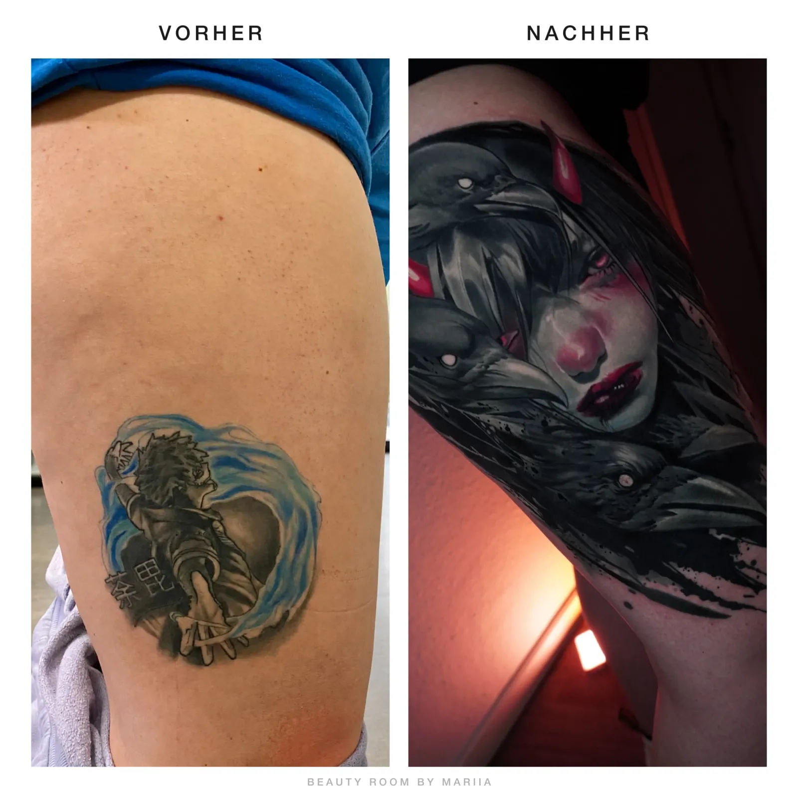 Cover-up Tattoo vorher-nachher: altes Anime-Tattoo überdeckt mit realistischem Raben-Frauen-Portrait — Beauty Room by Mariia, Villingen-Schwenningen