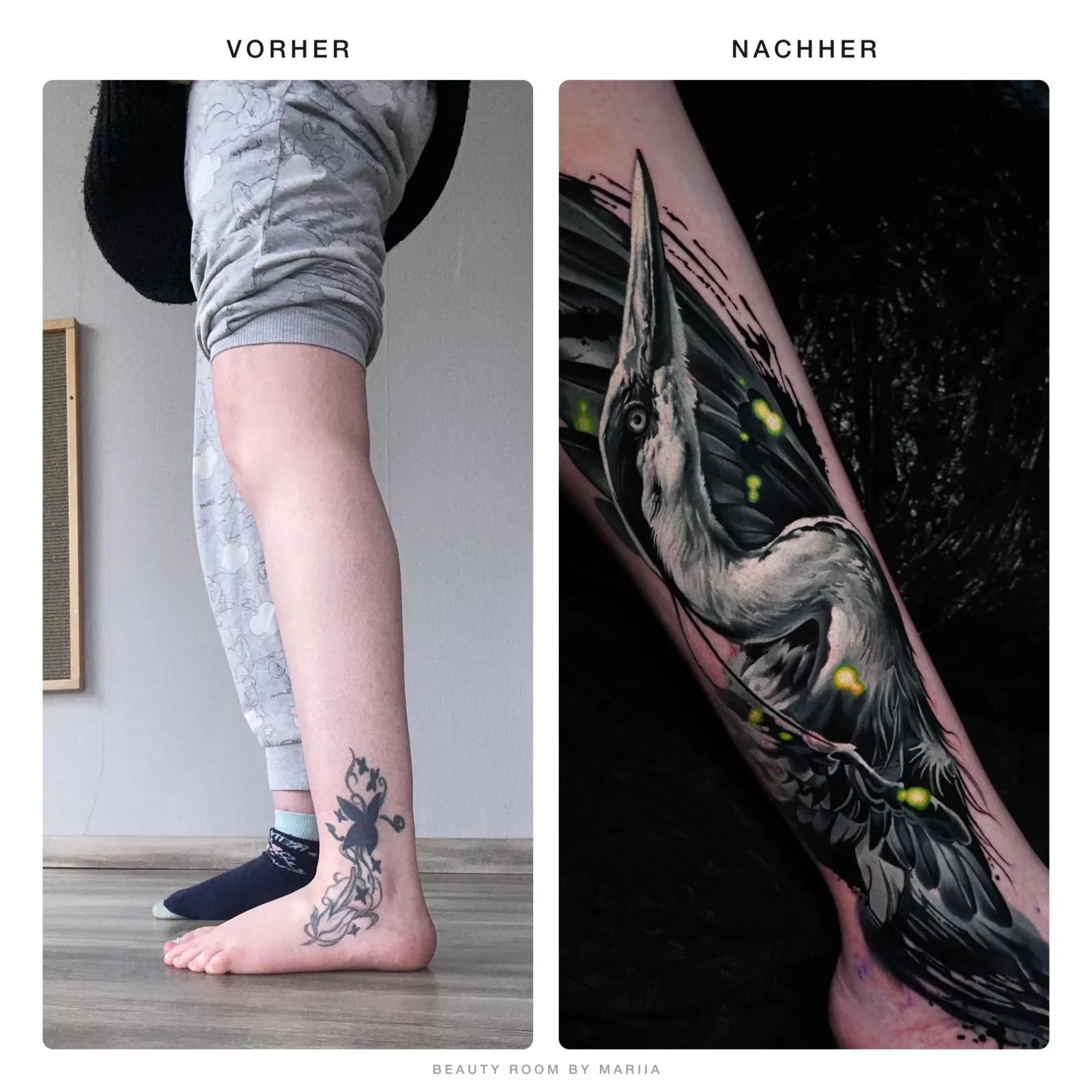 Laser oder Cover-up: altes Tattoo am Knöchel mit einem Reiher-Motiv in Schwarz-Grau überdeckt — Beauty Room by Mariia, Villingen-Schwenningen