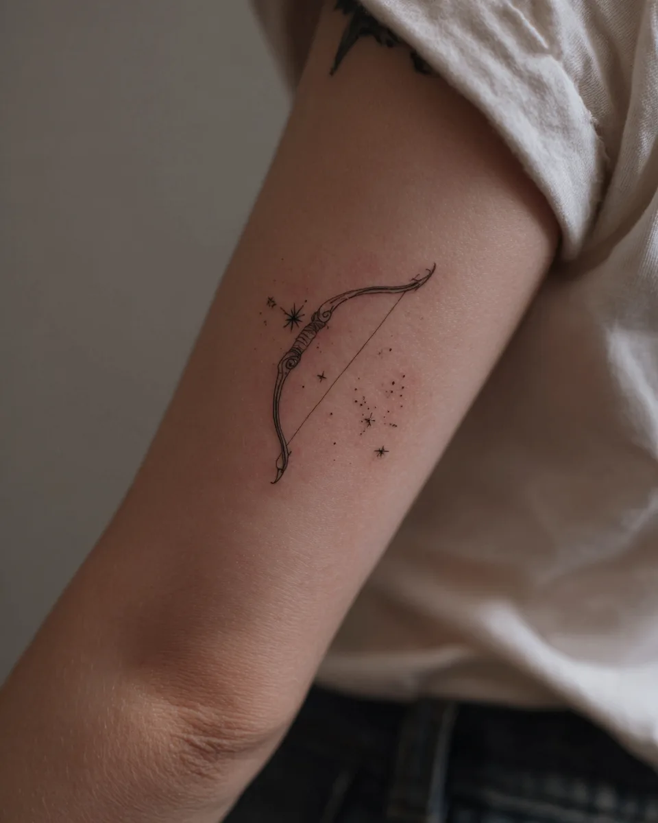 Sternzeichen Tattoo Schütze: feines Fine-Line-Design mit Pfeil und Sternbild am Unterarm — Beauty Room by Mariia, Villingen-Schwenningen