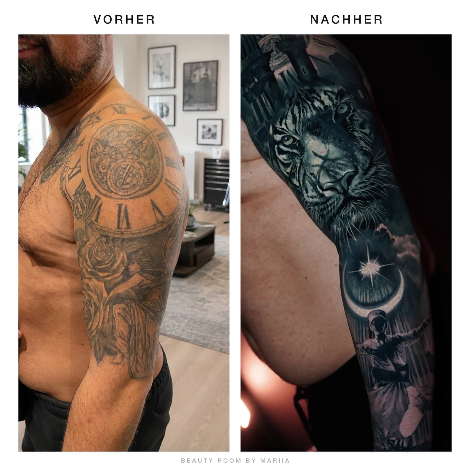 Großes Cover-up: Tiger mit Uhr — Vorher-Nachher aus Villingen-Schwenningen